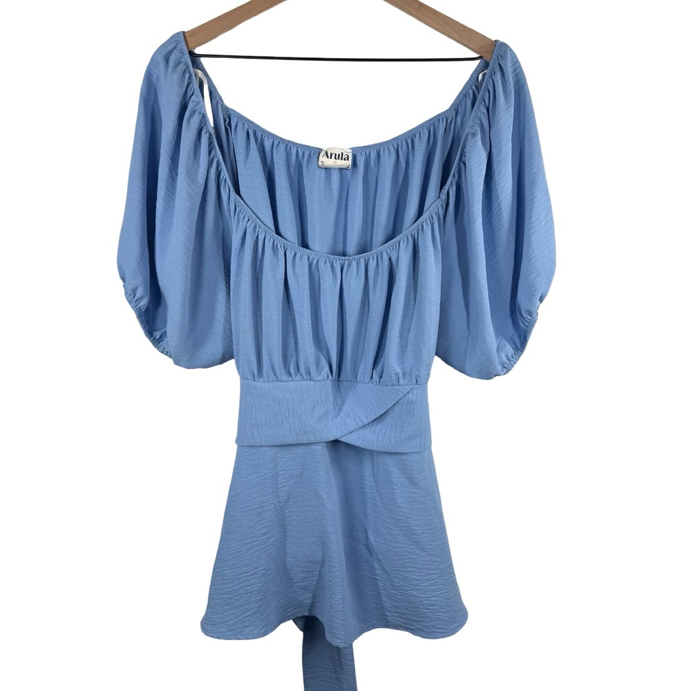 Arula Light Blue Puff Sleeve Peplum Tie Back Top Size C